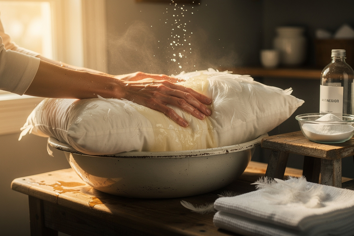 Comment laver à la main un oreiller en plumes jauni ?
